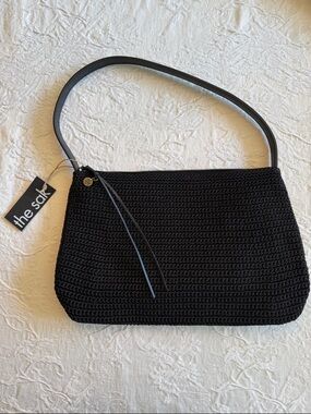 The Sak Mariposa Black Crochet Shoulder Bag with Leather Strap